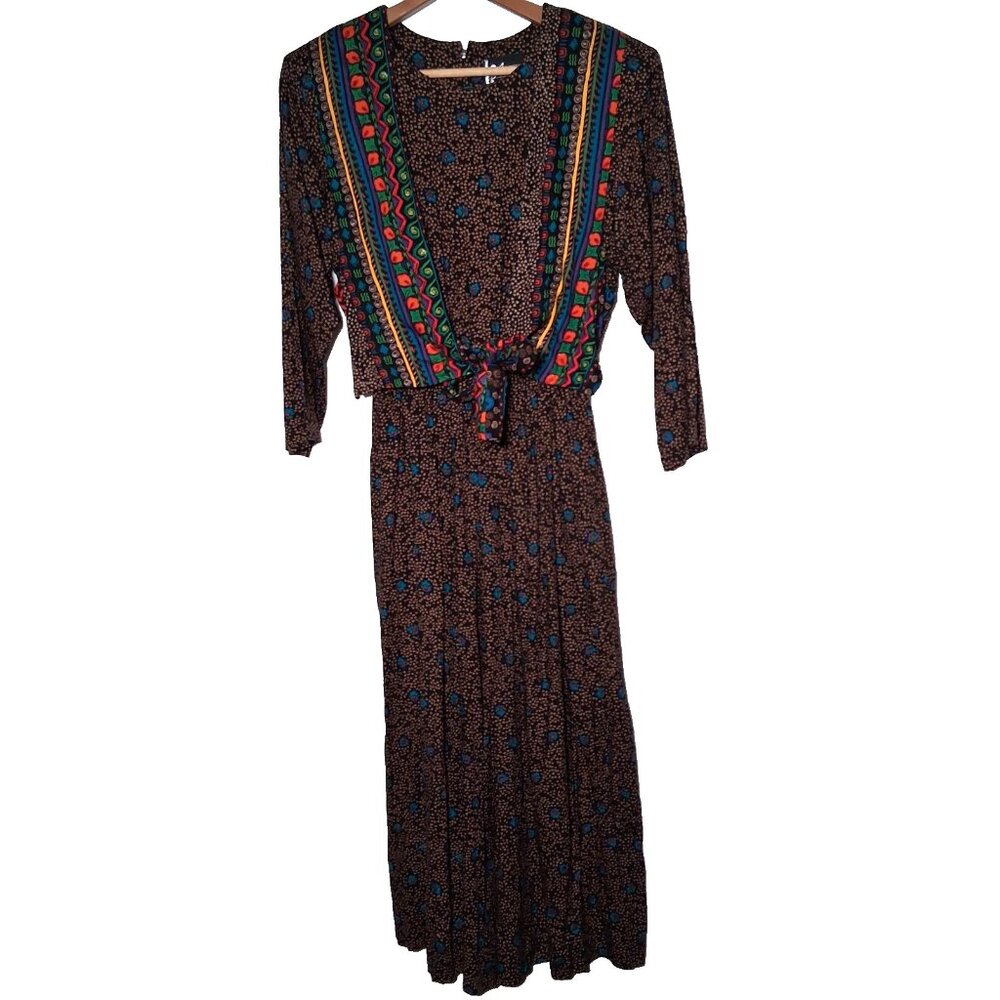 Vintage 1990s Rayon Jumpsuit S Black Tan Geometric Floral Geometric Wide Leg